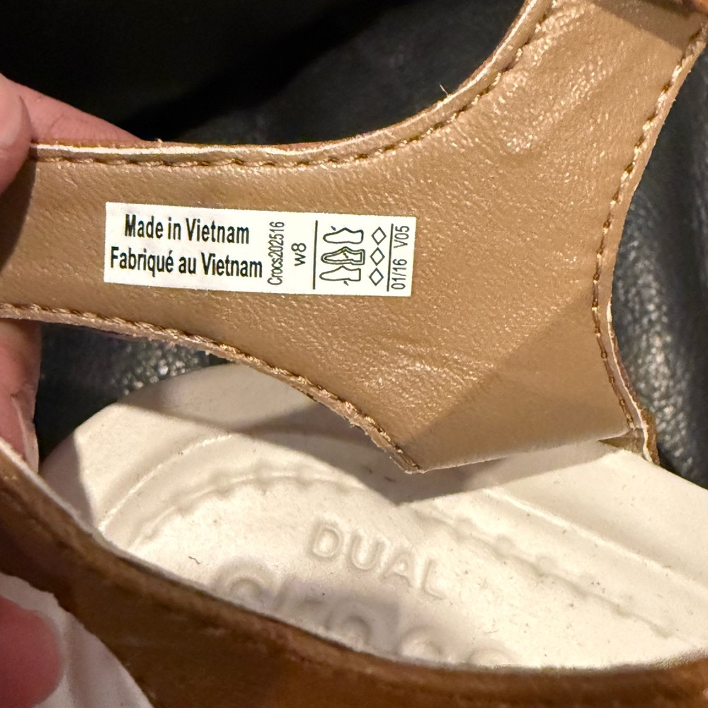 Women’s Crocs Tan Wedge Sandals with Yellow Floral Straps - Picture 3 of 9